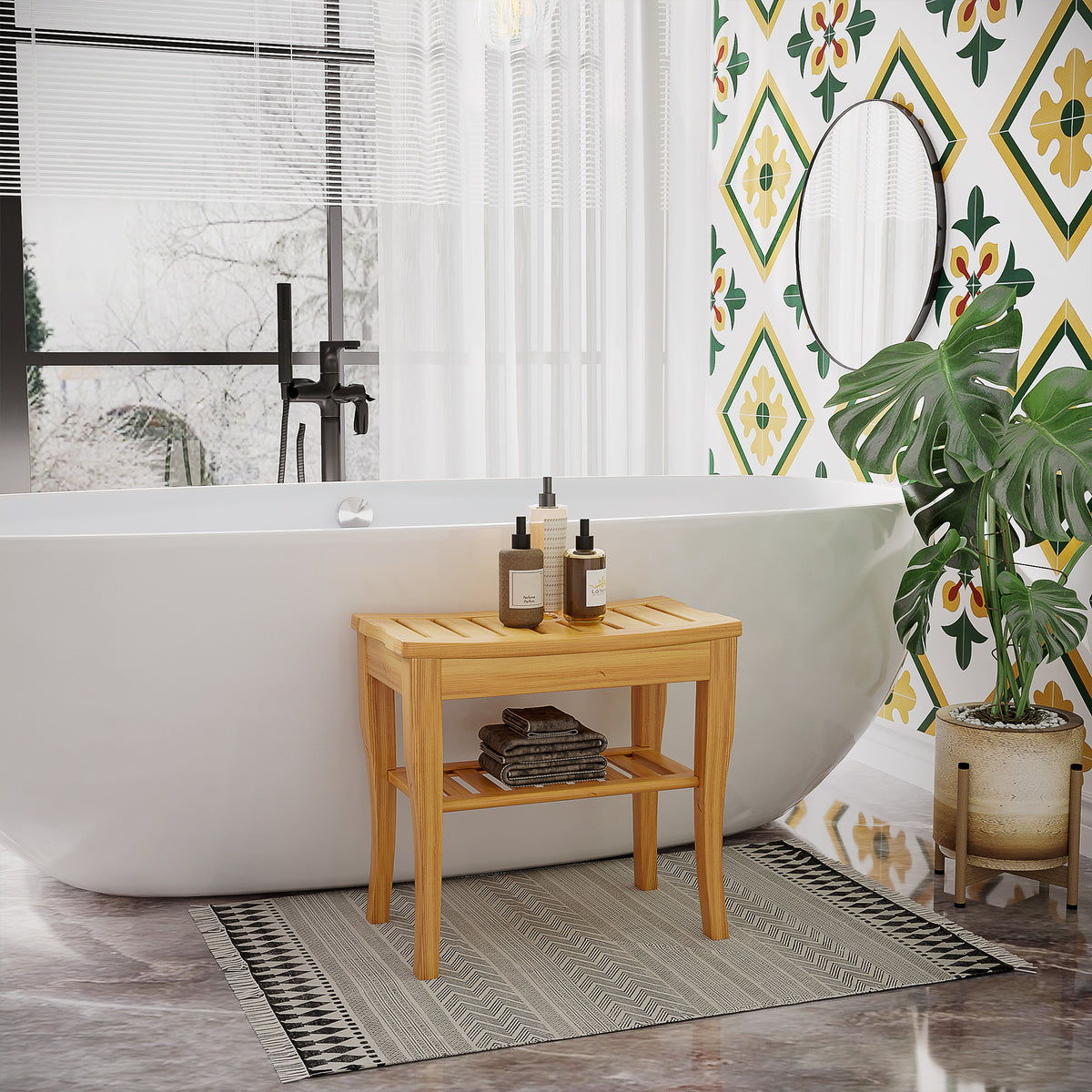 Banco para Casa de Banho de Bambu com Prateleira de Arrumação Banco de Banho Antiderrapante Impermeável e Resistente Banco de Duche para Casa Sala Quarto SPA 47,5x26x44,5 cm Madeira — foto 2
