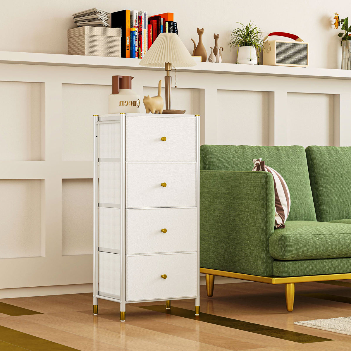 Cómoda para Dormitório Cómoda de Tecido com 4 Gavetas Dobráveis com Frentes de Couro PU e Estrutura de Aço Cómoda para Dormitório 46x30x98 cm Branco — foto 7