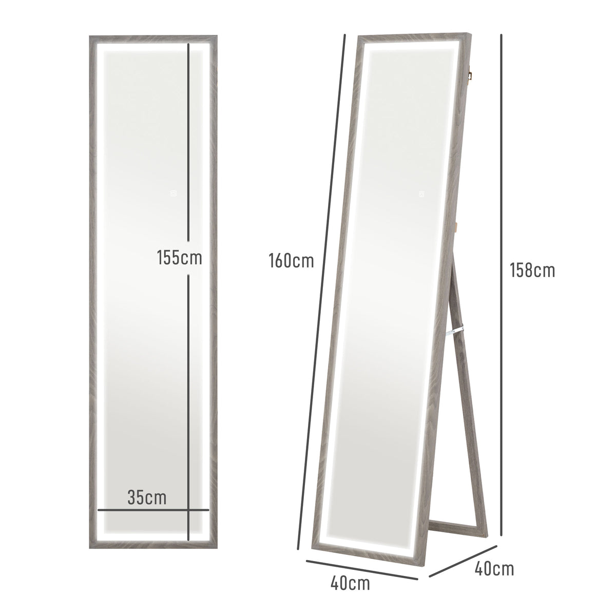 Espelho de Pé com Luz LED 40x160 cm Espelho de Corpo Inteiro com Iluminação de 3 Cores Tátil Função de Memória e Suporte para Sala de Estar Dormitório Cinza — foto 3