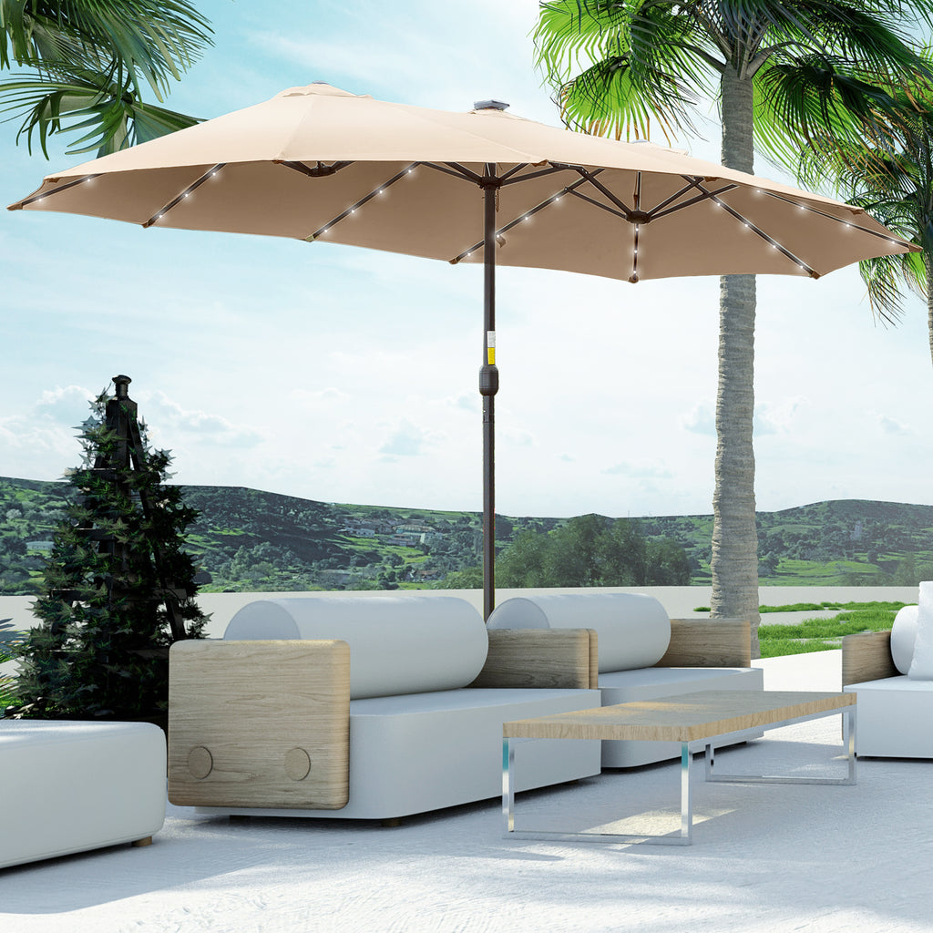Guarda-Sol Duplo com 48 Luzes LED, 4,5x2,65 m, Guarda-Sol Exterior com Manivela Manual, Resistente à Água e Proteção Solar, Ideal para Terraço, Jardim, Pátio e Piscina, Bege — foto 2