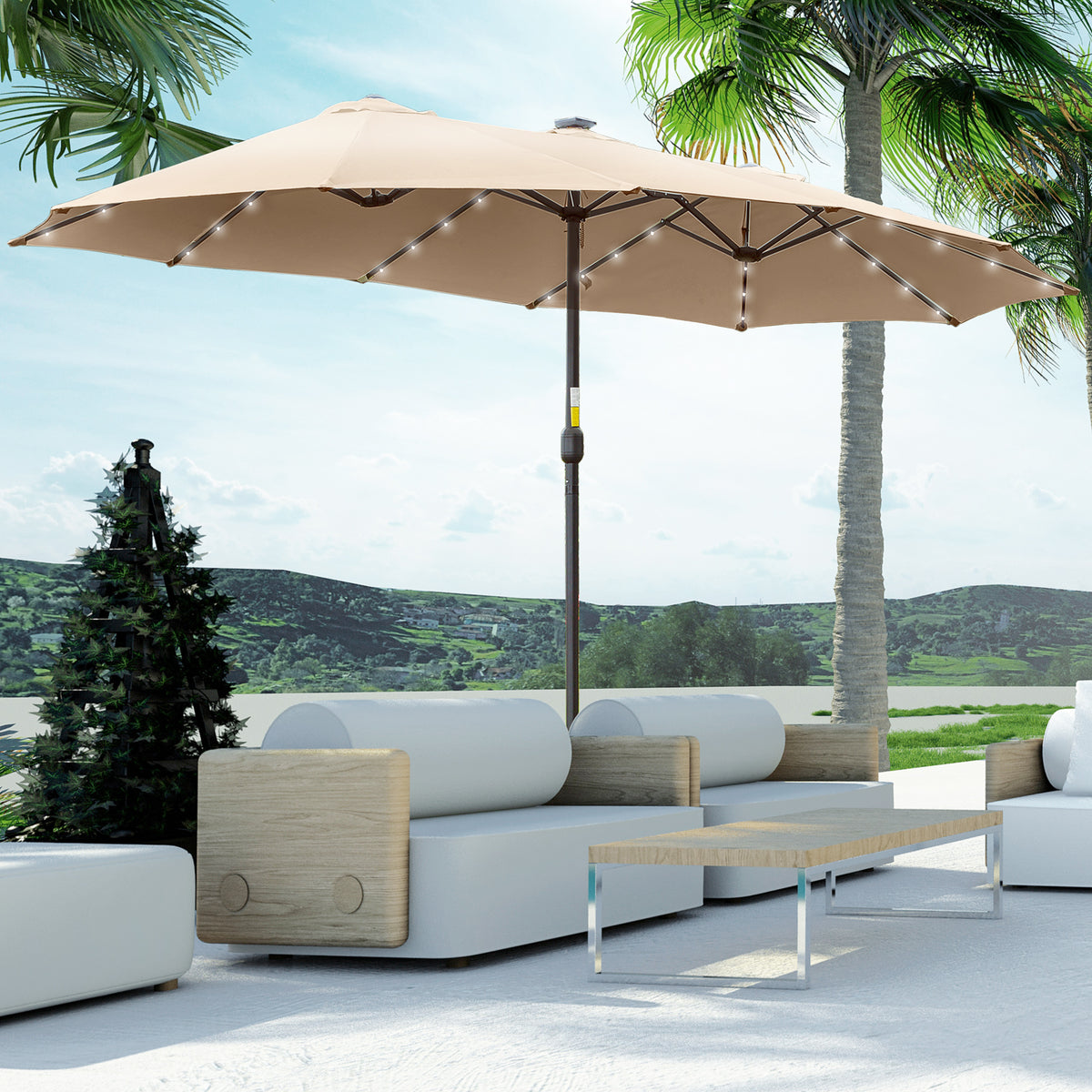 Guarda-Sol Duplo com 48 Luzes LED, 4,5x2,65 m, Guarda-Sol Exterior com Manivela Manual, Resistente à Água e Proteção Solar, Ideal para Terraço, Jardim, Pátio e Piscina, Bege — foto 2