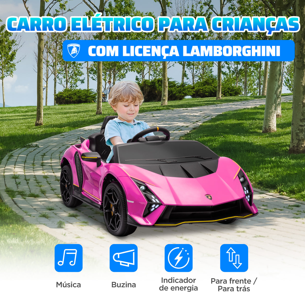 Carro Elétrico para Crianças acima de 3 Anos Carro Elétrico Lamborghini com Bateria 12V Controlo Remoto Faróis Buzina Arranque Lento e Música MP3 114,5x64x45,5 cm Rosa — foto 4