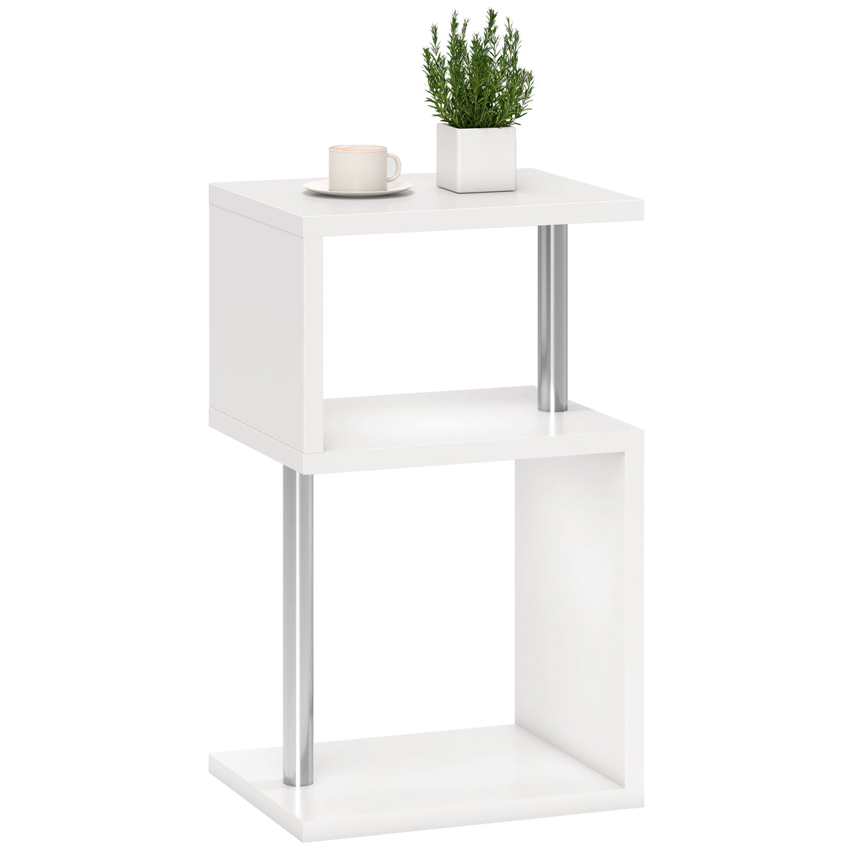 Mesa Auxiliar com Luz LED de 3 Níveis Mesa Auxiliar Moderna com Forma de S Prateleiras Abertas e Estrutura em Alumínio para Sala Quarto 44x38x75 cm Branco — foto 1