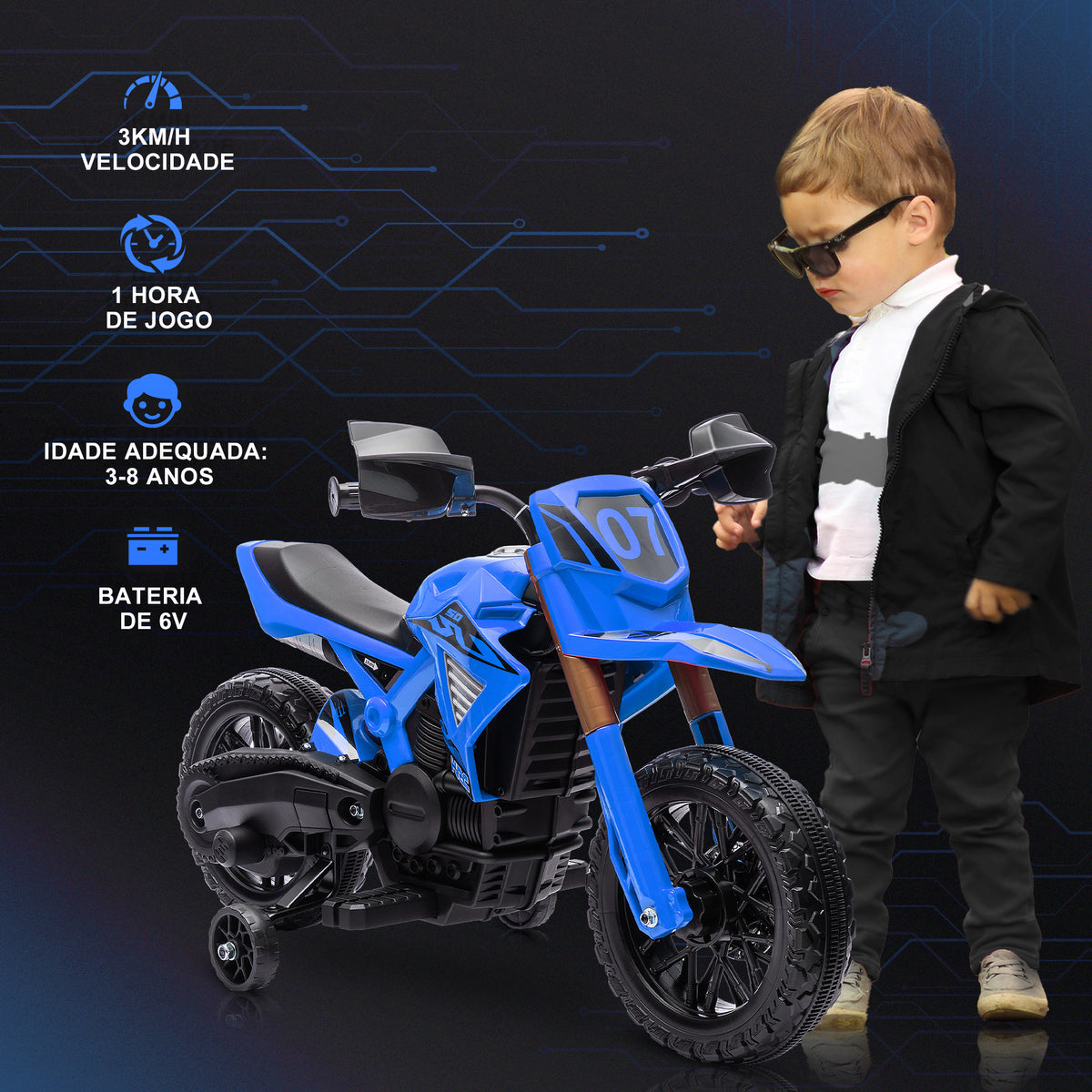 AIYPLAY Mota Elétrica para Crianças acima de 3 Anos Moto a Bateria para Crianças 6V com Rodas de Treino e Buzina Mota para Crianças Carga 30 kg 105x57x62 cm Azul — foto 4