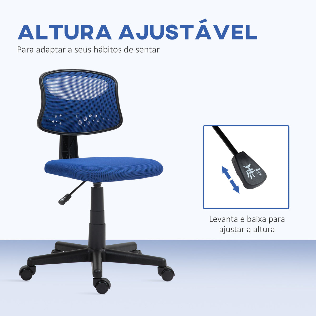 Cadeira de Escritório sem Apoio para os Braços Cadeira de Escritório Giratória com Encosto de Malha Respirável Altura Ajustável Carga 120 kg 43x48x78-88 cm Azul — foto 5