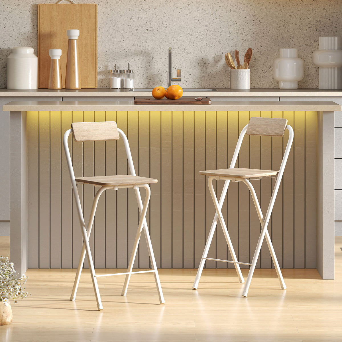 Conjunto de 2 Bancos de Bar Dobráveis Bancos Altos de Cozinha com Encosto Apoio para os Pés e Estrutura de Aço para Sala de Jantar Balcão 37x45x87 cm Madeira — foto 2
