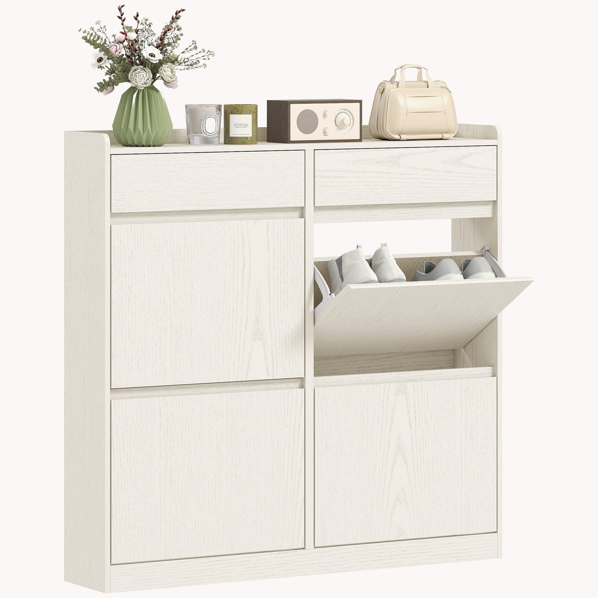 Sapateira Estreita com 4 Portas Articuladas Sapateira para Entrada com 2 Gavetas para 8 Pares de Sapatos para Corredor Espaços Reduzidos 98x19,2x95,3 cm Branco — foto 1