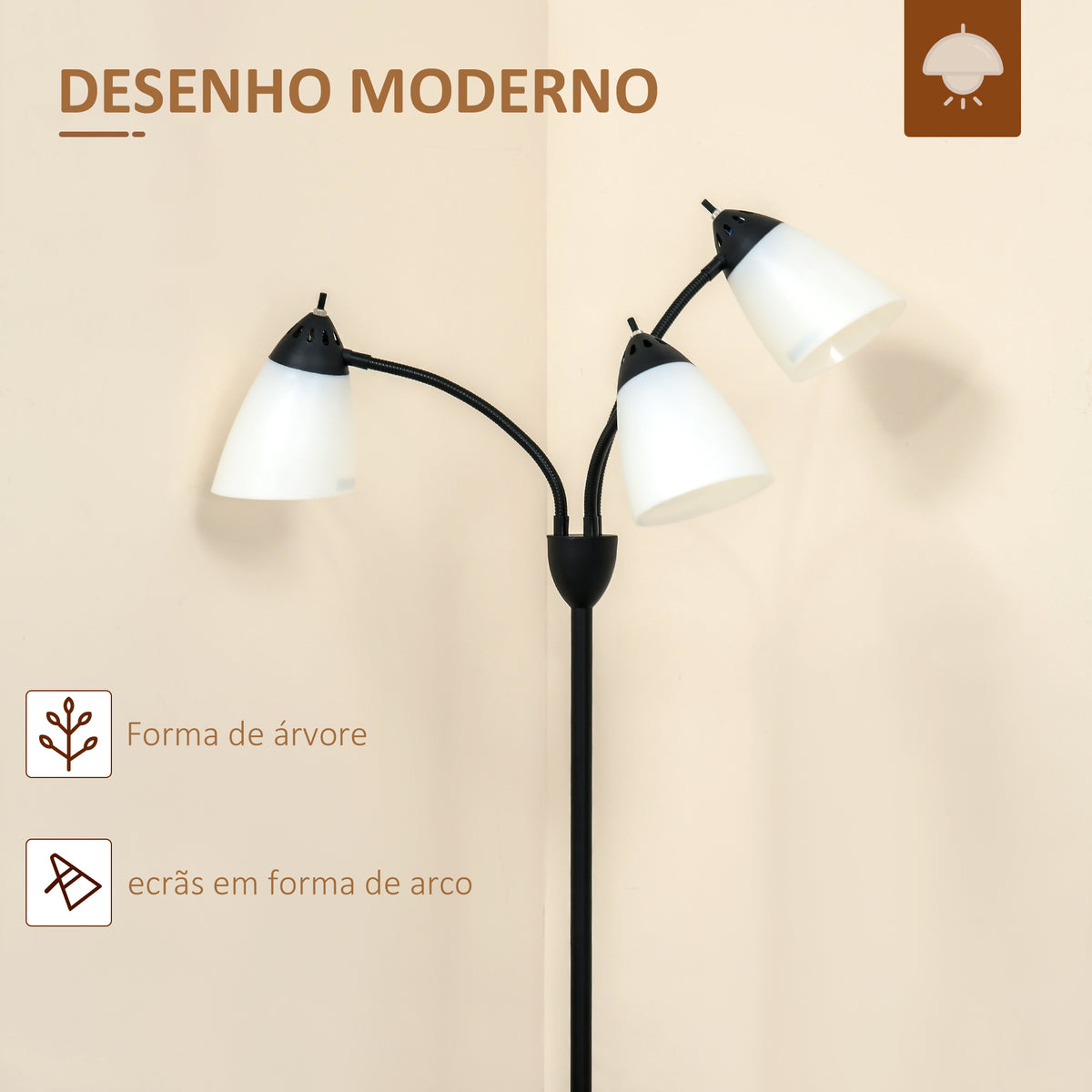 Candeeiro de Pé com 3 Ecrãs Giratórios de 360° com Interruptores LED E27 Máx. 40W Estrutura de Metal Candeeiro de Pé para Sala de Estar Dormitório Estúdio 45x45x155cm Preto — foto 4