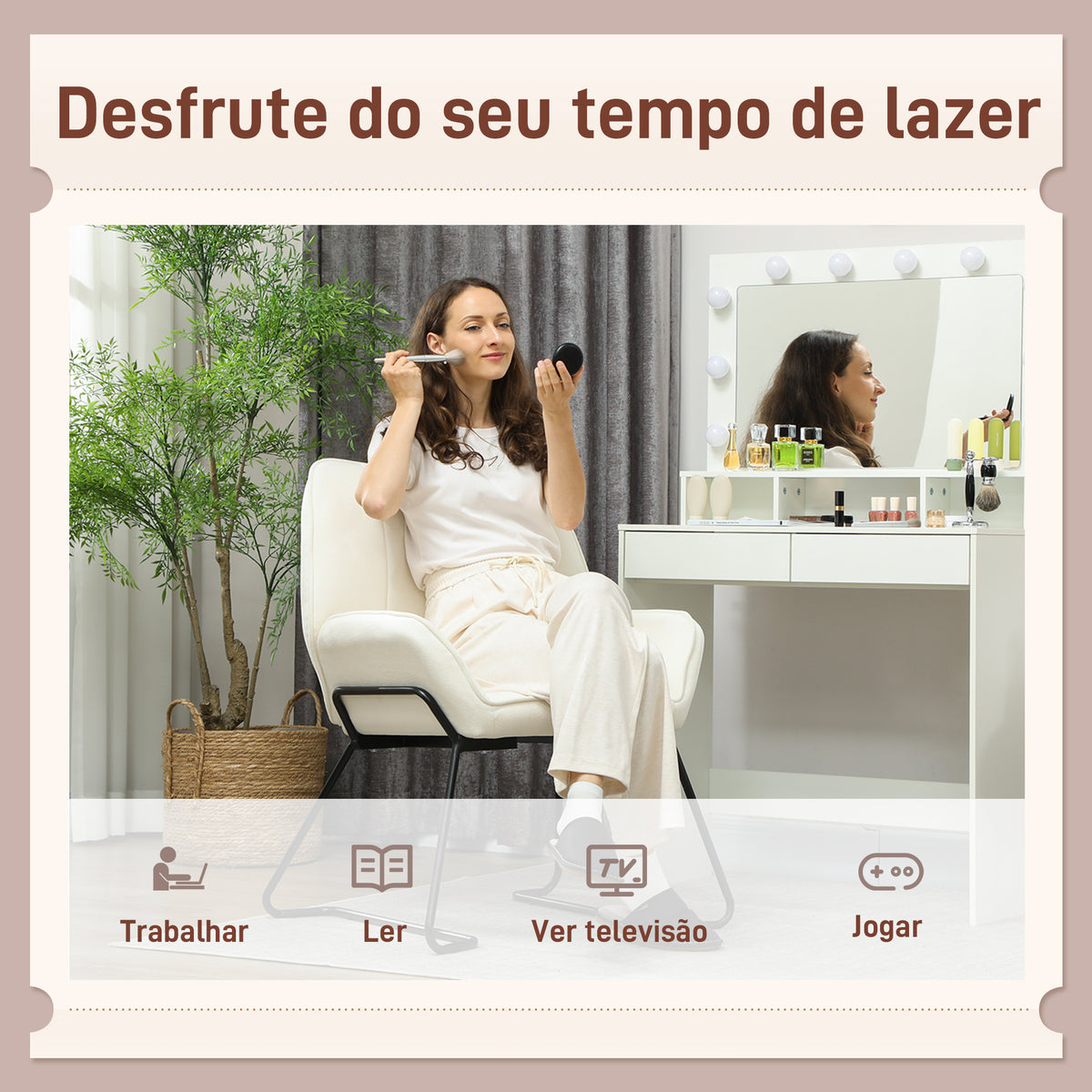 Poltrona Sala de Estar Moderna Poltrona de Leitura com Assento Largo e Acolchoado Estofada em Veludo Pés de Metal Poltrona para Dormitório 70x67,5x87 cm Creme — foto 6