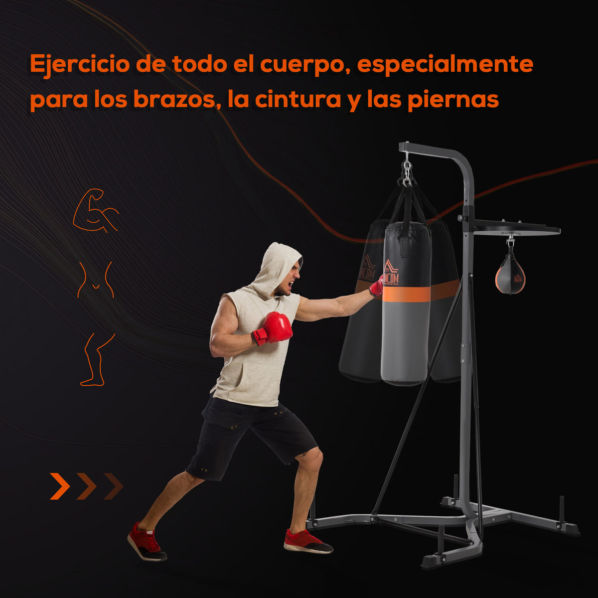 Saco de Boxe Suspenso com Suporte Bola de Velocidade Ajustável em Altura de 167-187cm e Inflador para Treinamento Fitness em Casa Ginásio 115x157x221 cm Preto e Cinza — foto 4