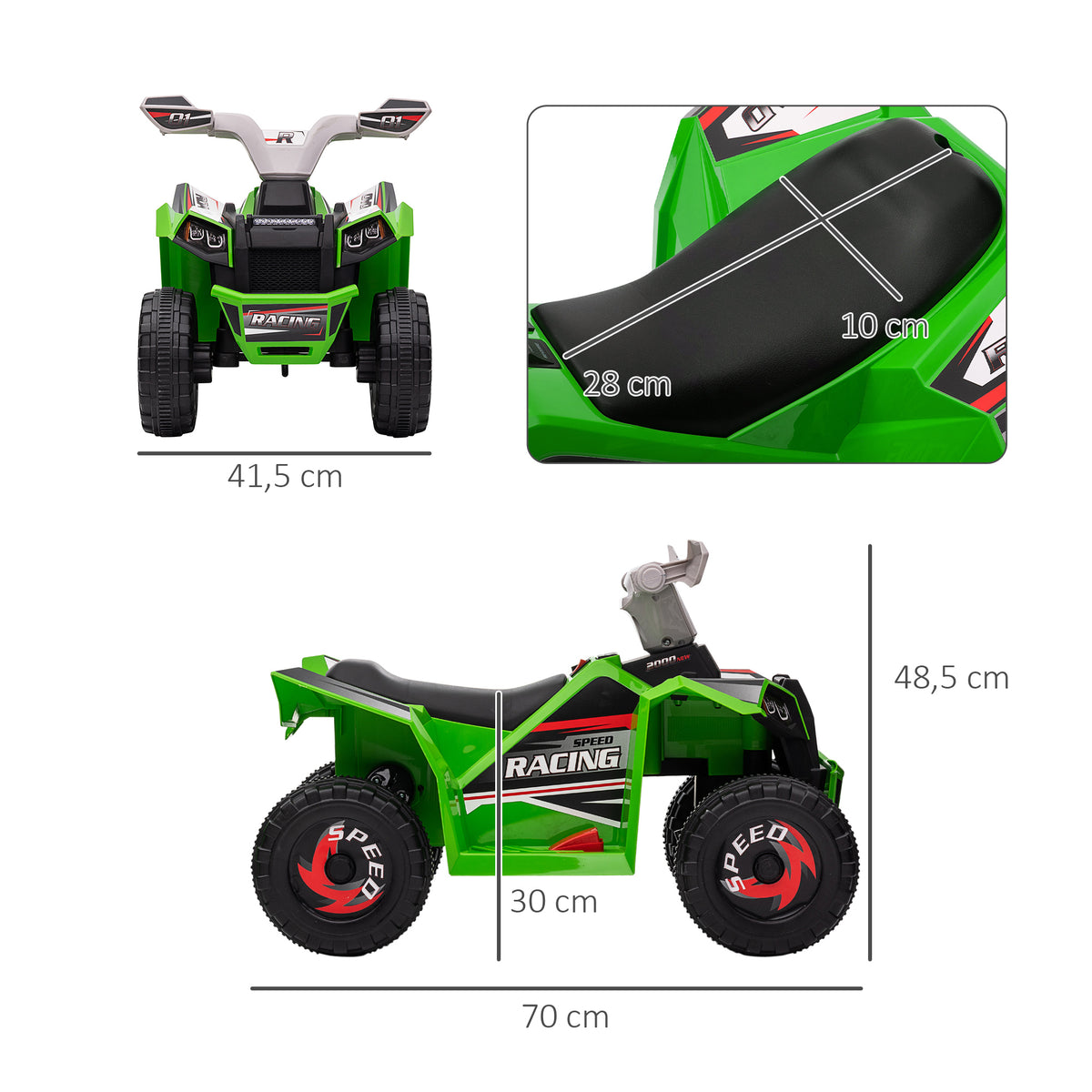Quadriciclo Elétrico para Crianças 18-36 Meses Veículo Elétrico a Bateria de 6V com Velocidade 2,5 km/h Avanço e Marcha Atrás 70x41,5x48,5 cm Verde — foto 3