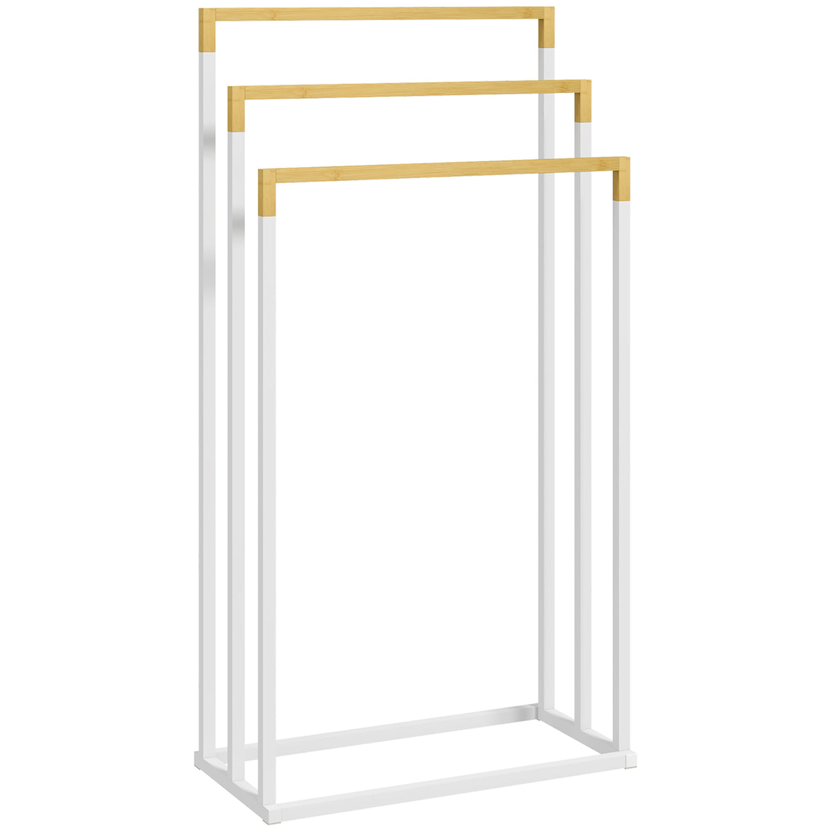 Toalheiro de Pé de 3 Níveis Toalheiro em Forma de Escada com 3 Barras de Bambu e Estrutura de Aço para Casa de Banho 45x22,5x86 cm Branco e Madeira — foto 1