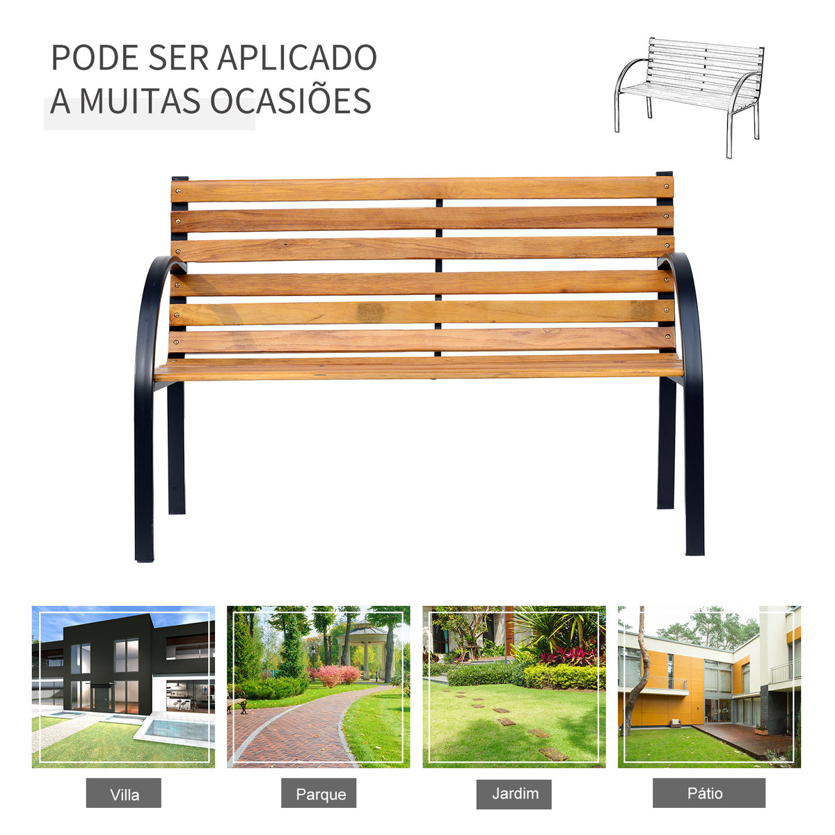 Banco de jardim 2 lugares com encosto e apoios de braços Ripas de madeira e estrutura de aço Carga 230 kg 122x60x80 cm Cor natural e preto — foto 4