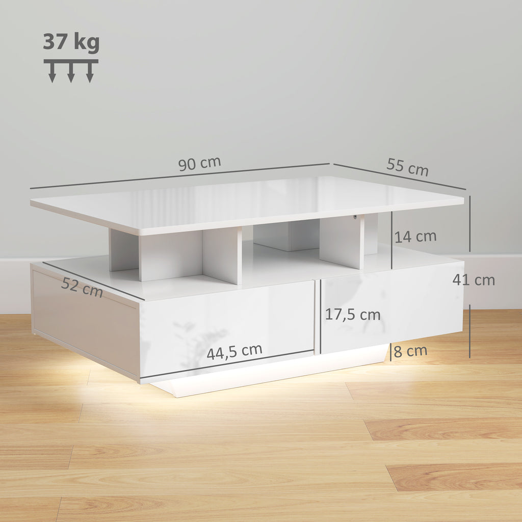 Mesa de Centro Moderna com LED Mesa de Centro com 4 Gavetas Prateleira Aberta e Luzes LED de 16 Cores para Sala de Estar 90x55x41 cm Branco Brilhante — foto 3