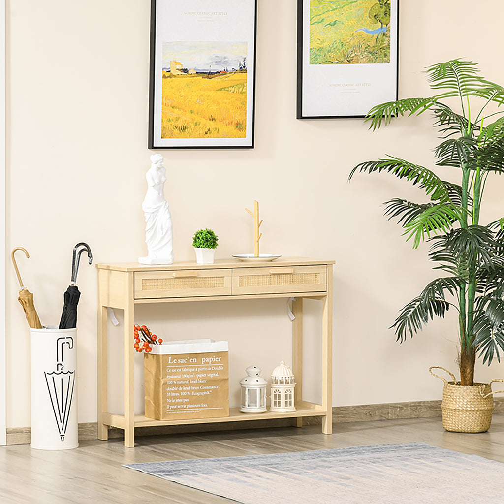 Mesa de console em malha Mesa de entrada com 2 gavetas e prateleira inferior para o corredor Quarto sala de estar Estilo rústico 100x30x76 cm Natural — foto 2