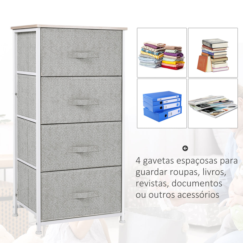Cómoda com 4 Gavetas de Tecido Móvel de Arrumação Multifuncional para Dormitório Sala de Estar Corredor 45x30x92 cm Cinza e Branco — foto 4