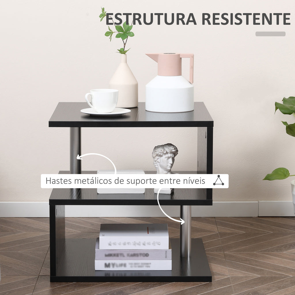 Mesa de Apoio de 3 Níveis Mesa Auxiliar Moderna com Forma de S Prateleiras Abertas e Estrutura de Metal para Sala Quarto 50x50x50 cm Preto Brilhante — foto 6