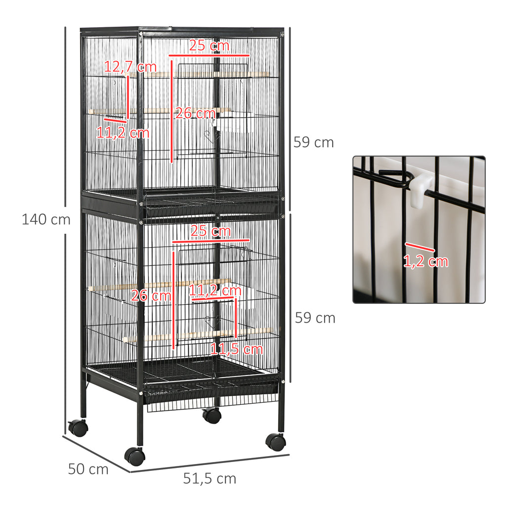 Gaiola para Pássaros com Rodas Gaiola Grande de 2 Níveis com Bandejas Removíveis Portas Comedouros Poleiros para Canários Periquitos 51,5x50x140 cm Preto — foto 3