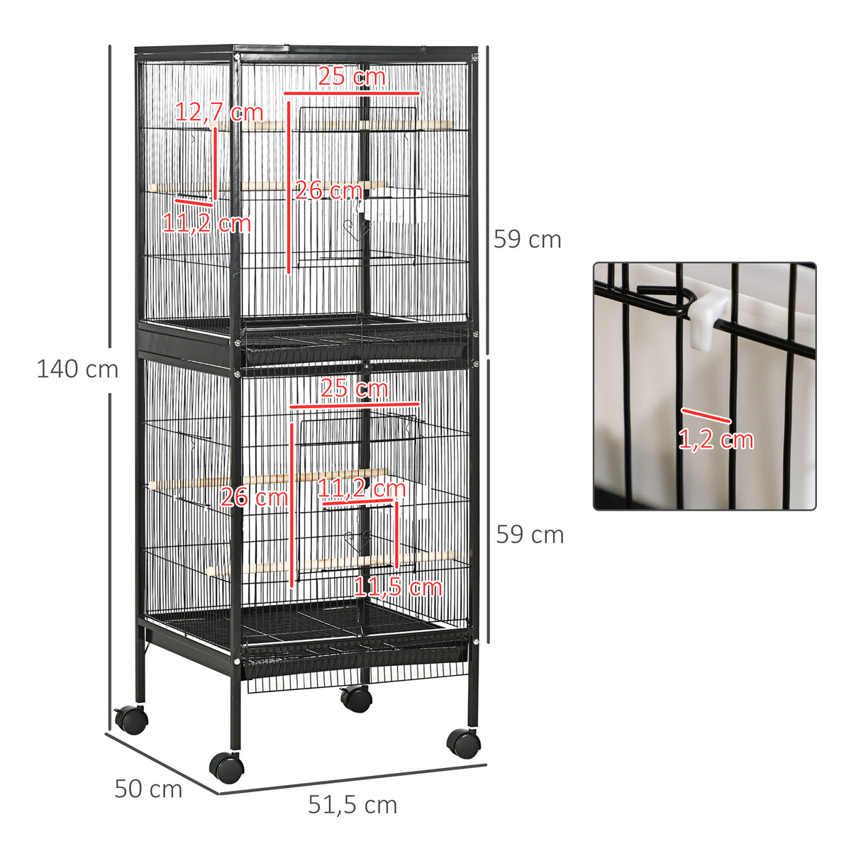 Gaiola para Pássaros com Rodas Gaiola Grande de 2 Níveis com Bandejas Removíveis Portas Comedouros Poleiros para Canários Periquitos 51,5x50x140 cm Preto — foto 3