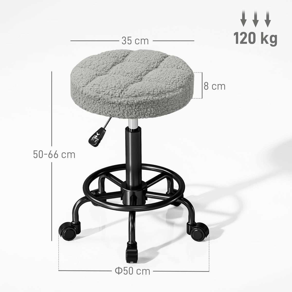 Banco Giratório Redondo Banco com Rodas Altura Regulável 50-66 cm Assento Estofado em Tecido tipo Borreguito para Salões Oficinas Spa Massagem Cinza — foto 3