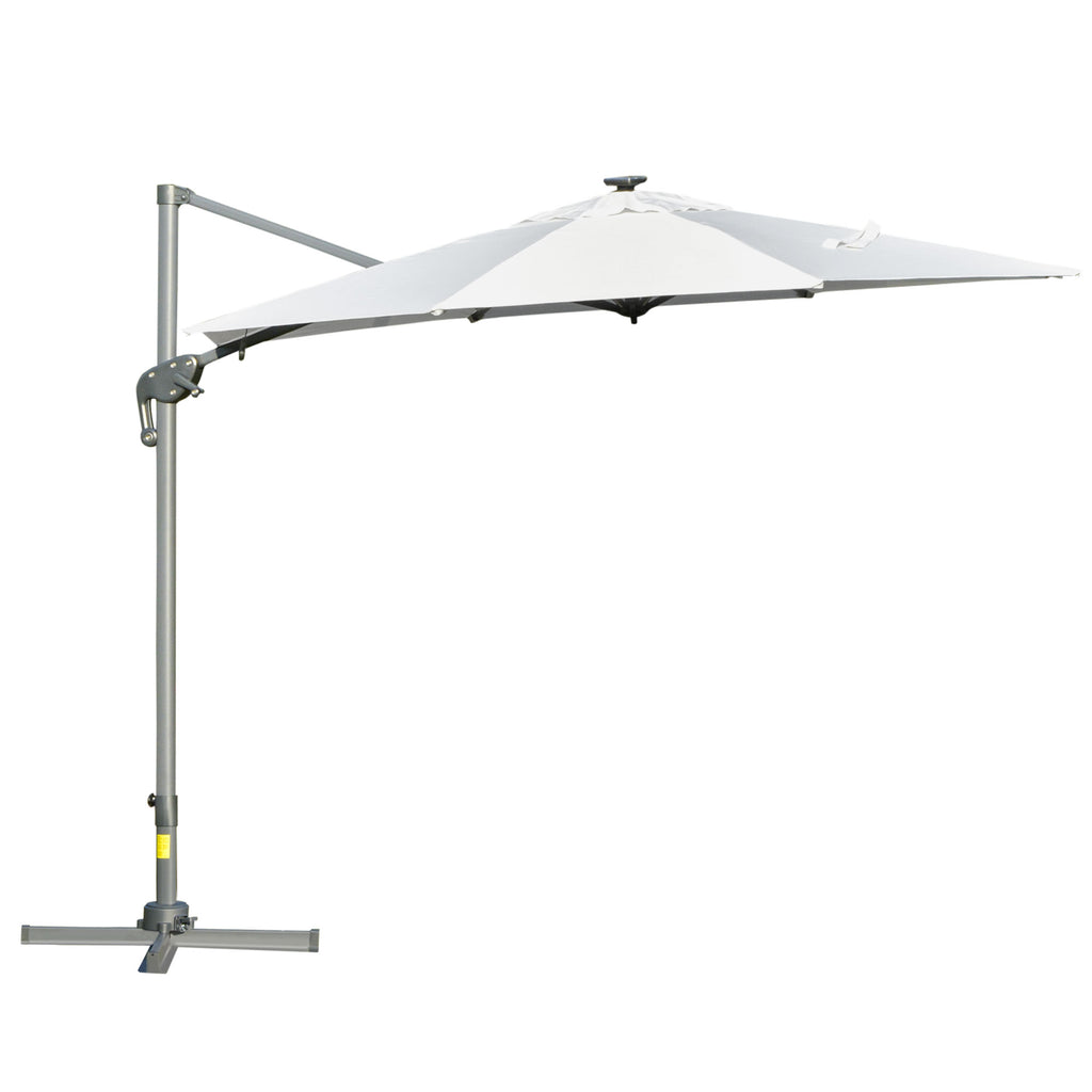Chapéu de Sol Excêntrico Φ300x248cm com Proteção UV 50+ Giratório 360º com Manivela Luzes LED Painel Solar e Teto Reclinável Branco — foto 1