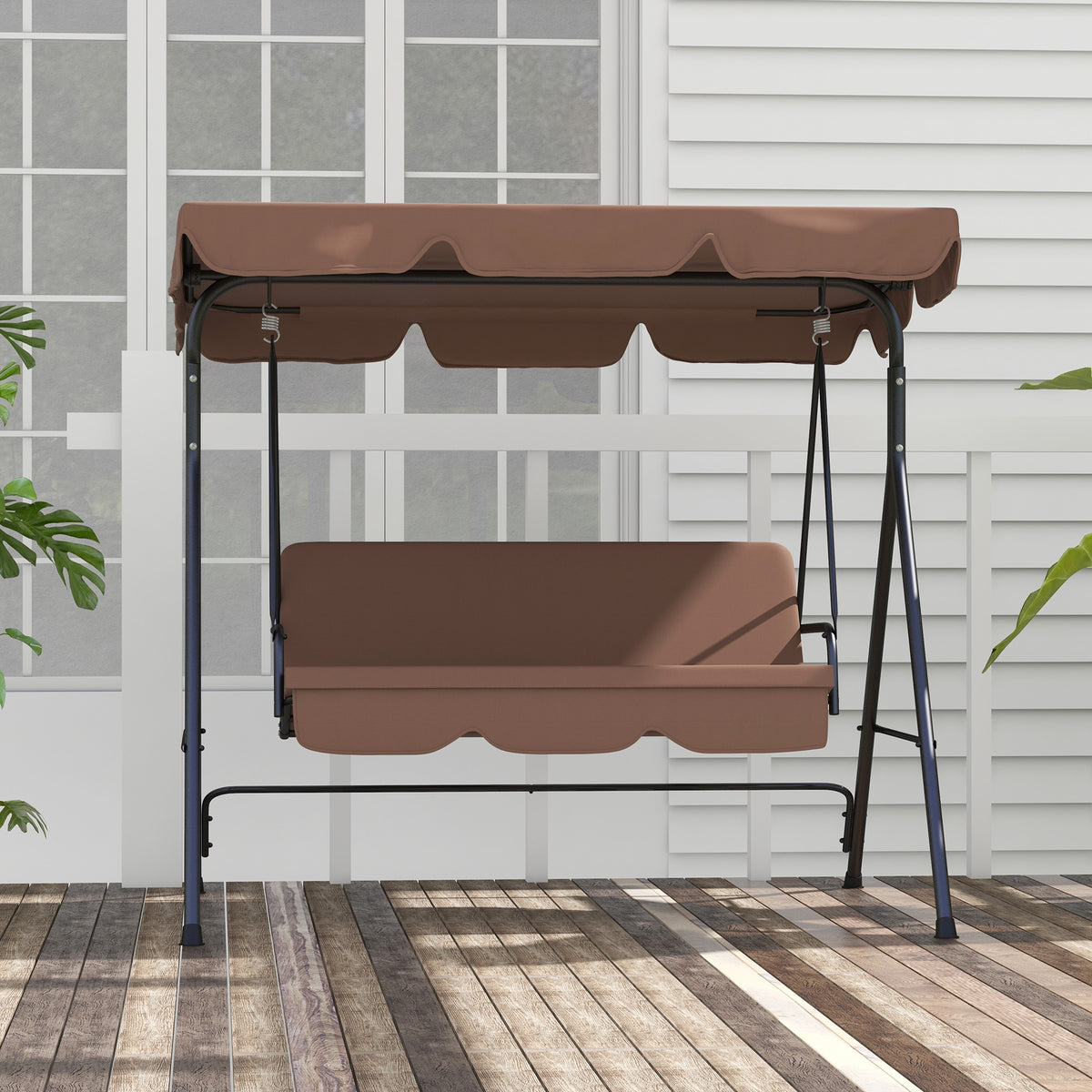 Baloiço de Jardim de 3 Lugares com Almofada Toldo Ajustável e Estrutura de Aço para Balcão Terraço Patio Carga Máx. 200 kg 172x110x153 cm Marróm — foto 8