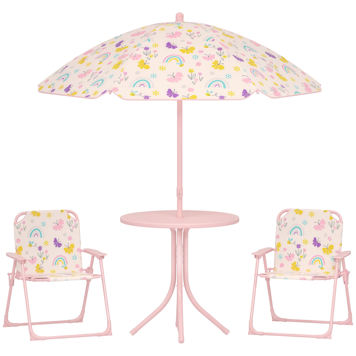 Conjunto de Mesa e Cadeiras para Crianças de Jardim Mesa Infantil com Cadeiras Dobráveis Chapéu de Sol Ajustável e Desenho de Borboletas para Pátio Piquenique Verde — foto 1