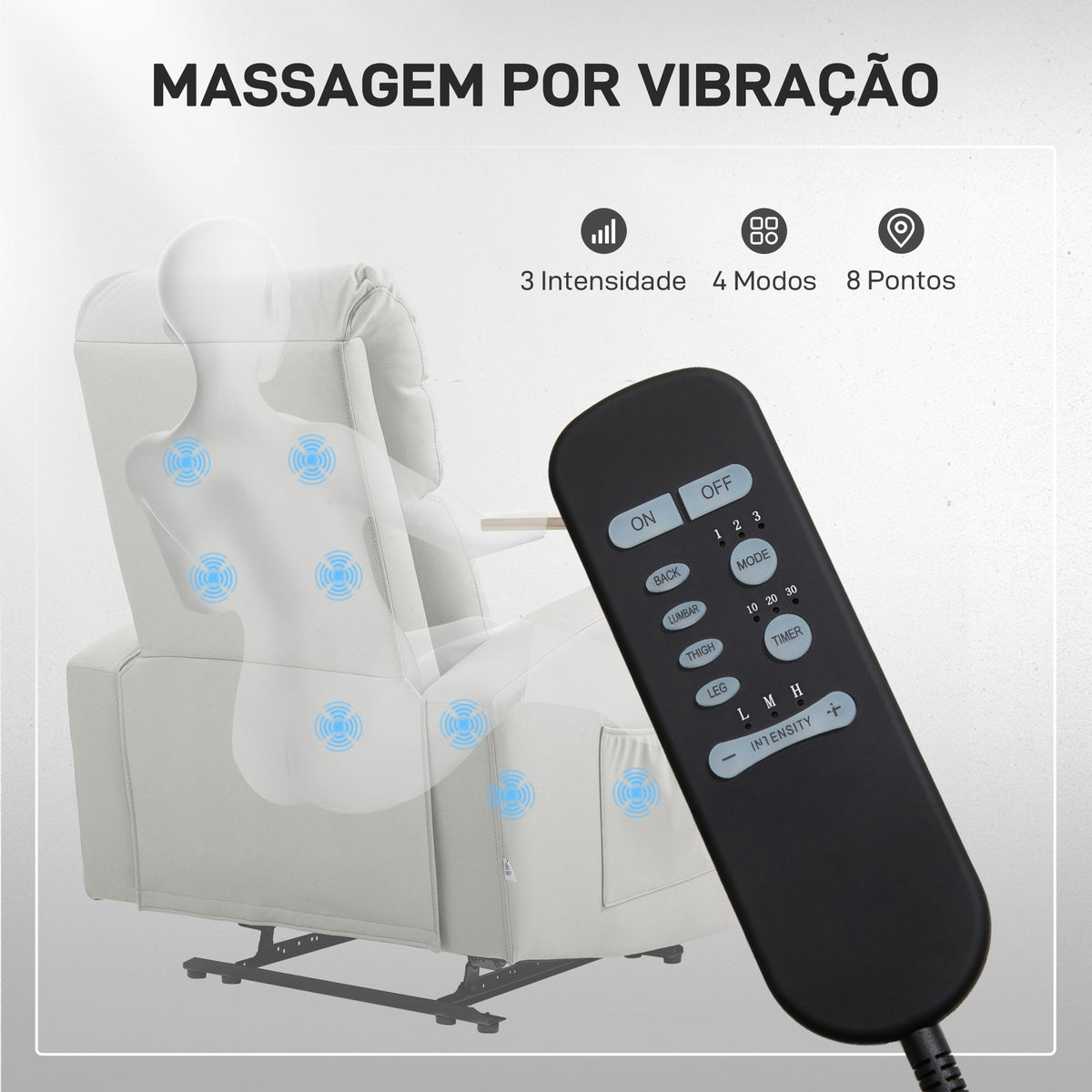 Poltrona de Massagem Poltrona Relax Elétrica com 4 Modos de Vibração Reclinação 145° Estofada em Microfibra Controlo Remoto Mesa 2 Bolsos Laterais e Suporte para Copos 77x93x105 cm Cinza — foto 4