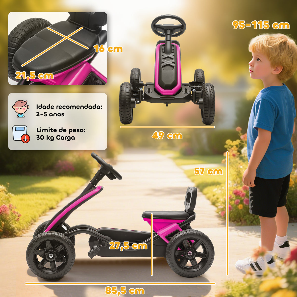 Kart Pedais Kart com Rodas Antiderrapantes de EVA Estrutura Metálica Carga 30 kg para Crianças de 2-5 Anos 85,5x49x57 cm Rosa — foto 3