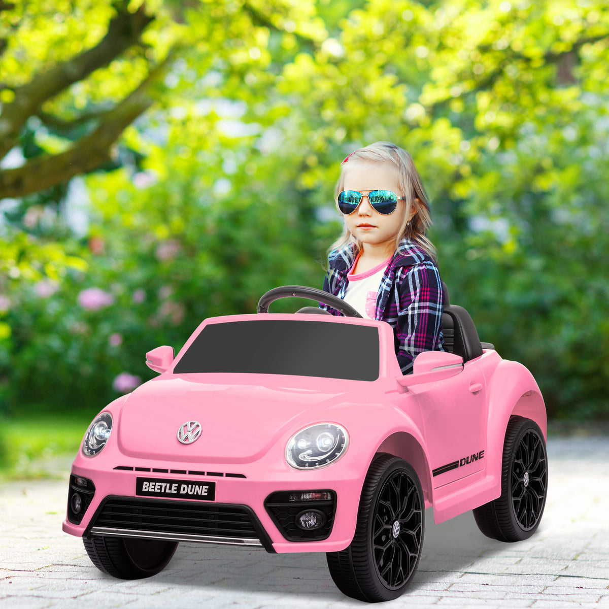 Carro Elétrico para Crianças acima de 3 Anos Carro Elétrico Infantil Volkswagen Beetle com Bateria 12V Controlo Remoto Faróis Buzina e Música 97x56,5x46 cm Rosa — foto 2