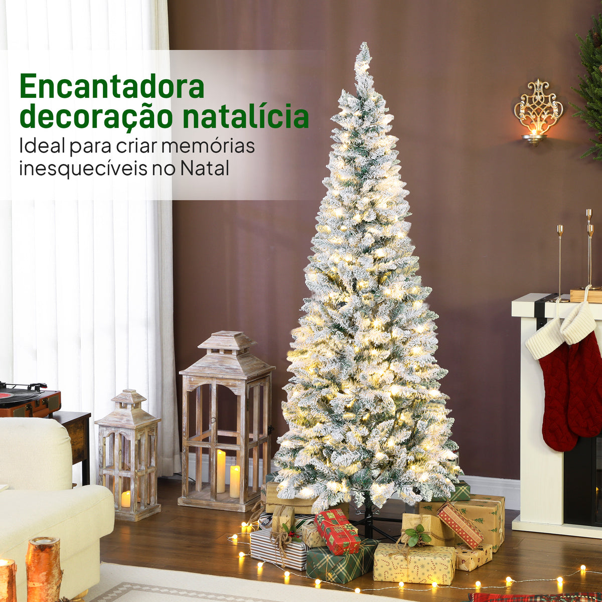 Árvore de Natal Estreita 180 cm Árvore de Natal Nevada com Luzes LED Bicolores 11 Modos de Iluminação 479 Ramos Suporte Metálico Montagem Fácil Verde — foto 4