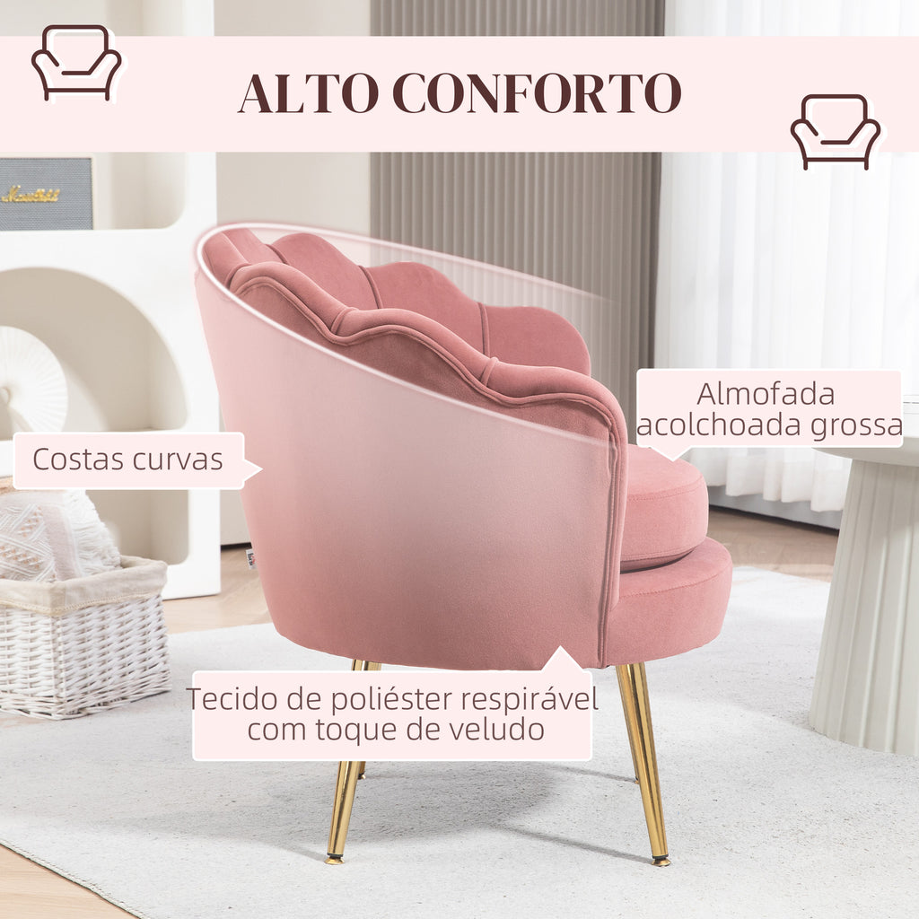 Poltrona de Sala Estofada em Veludo Poltrona para Quarto com Encosto em Forma de Concha e Pernas Douradas para Sala de Jantar 76x67x74 cm Rosa — foto 5