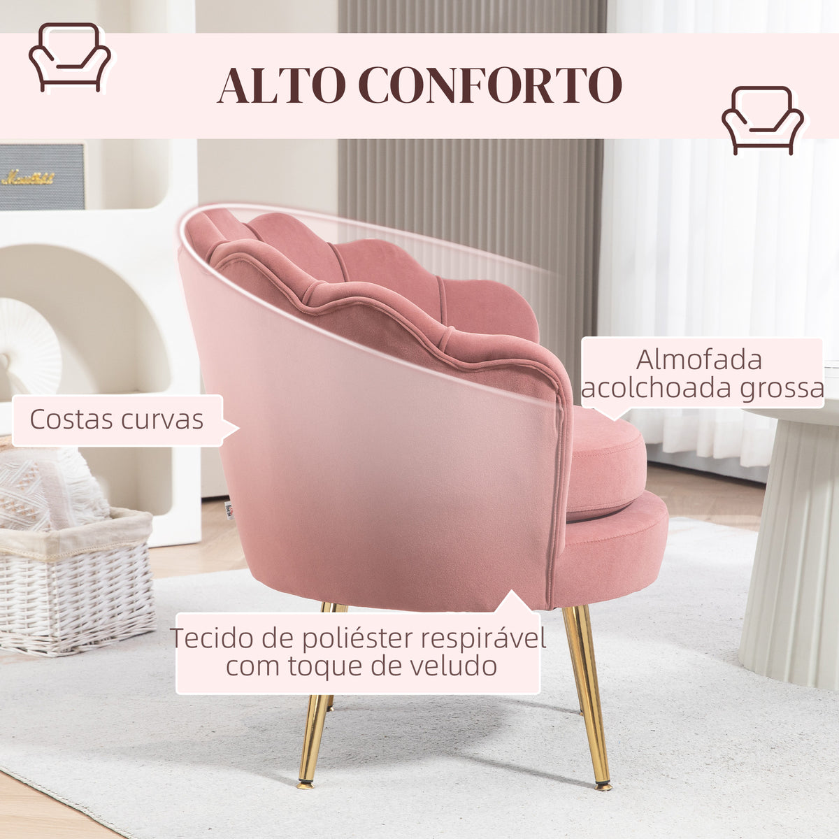 Poltrona de Sala Estofada em Veludo Poltrona para Quarto com Encosto em Forma de Concha e Pernas Douradas para Sala de Jantar 76x67x74 cm Rosa — foto 5