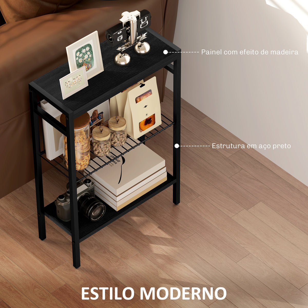 Essenza Mesa Auxiliar Estreita de 3 Níveis Industrial Preto 43x18x62,5 cm — foto 5