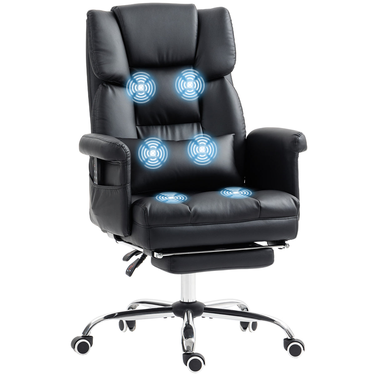 Cadeira de Massagem com 6 Pontos de Massagem Cadeira de Escritório com Apoio para os Pés Retrátil Altura Ajustável Controlo Remoto e Suporte Lombar Estofado em PU 69x65x107-115 cm Preto — foto 1