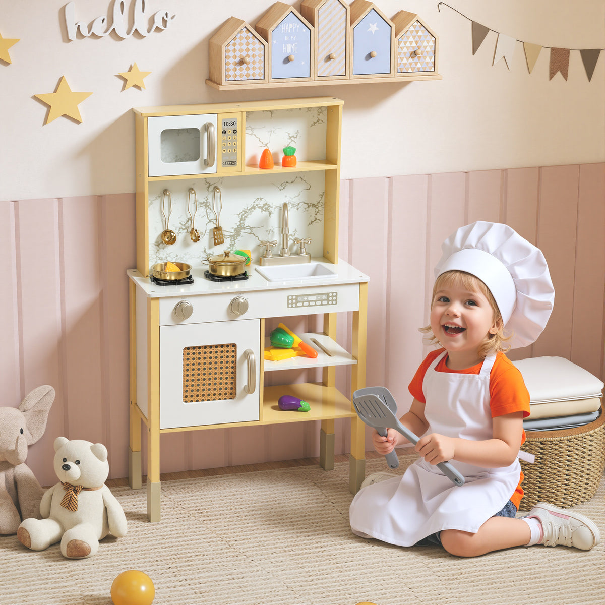 Cozinha de Brincar em Madeira com Som Cozinha Infantil com Acessórios em Aço Inoxidável Micro-Ondas Forno Lava-Loiças Legumes para Cortar para Crianças a Partir de 3 Anos 55x24x96 cm Dourado — foto 2