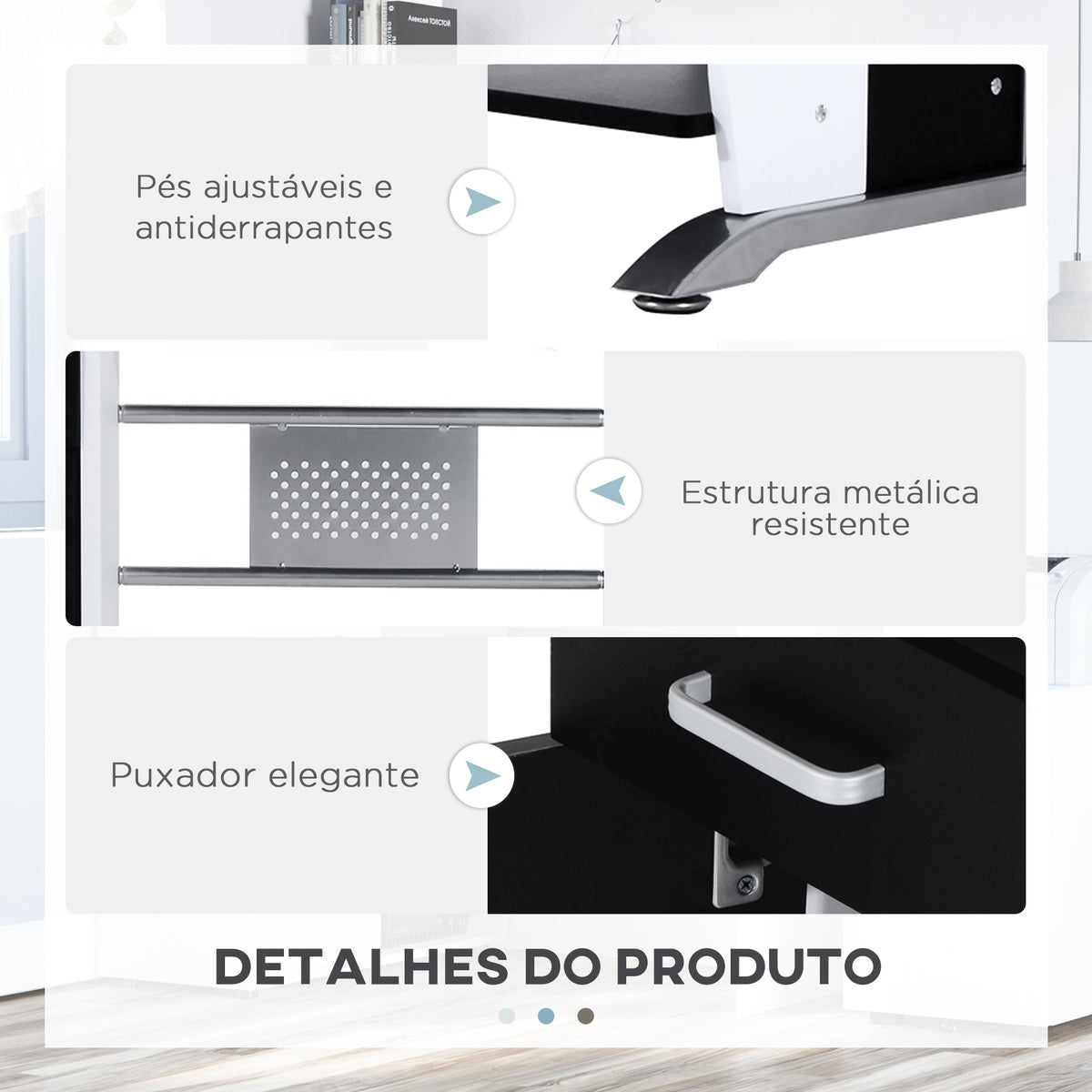 Mesa para Computador com Gaveta Armário e Suporte para CPU Secretária para Escritório Estúdio Dormitório 100x52x75cm Preto e Branco — foto 5