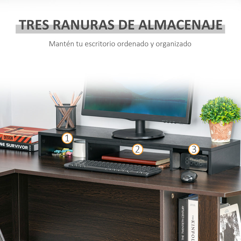 Suporte Elevado para Monitores de Madeira Ajustável em Comprimento e Ângulo para 2 Monitores Notebook 80-117x23,5x10cm Preto — foto 4
