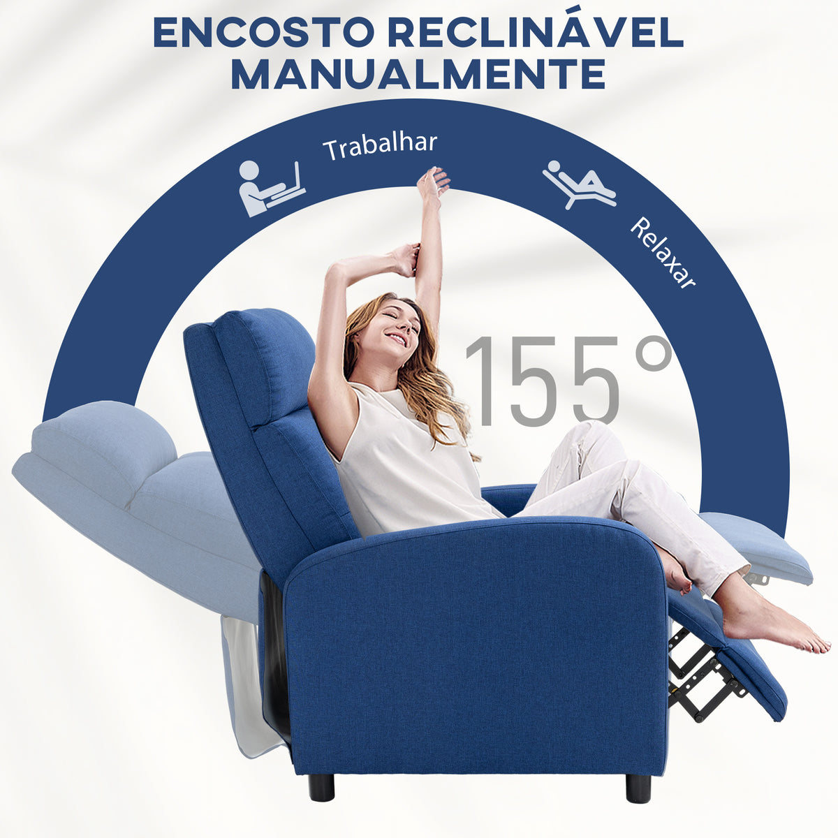 Poltrona Relax Reclinável até 155° Poltrona Reclinável Manual Estofado em Tecido Carga Máxima 150 kg para Pessoas com Altura Inferior 195 cm 67x87x98 cm Azul Escuro — foto 4