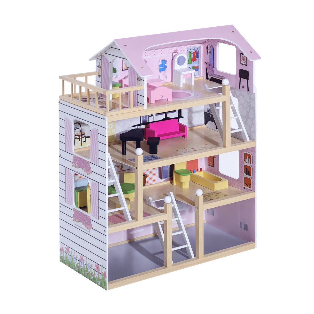 Casa de Bonecas com Móveis e 4 Andares Casa de Bonecas com 13 Acessórios Brinquedo de Imitação 60,5x30x80,5cm Rosa — foto 1