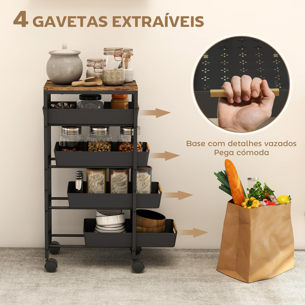 Carrinho de Cozinha de Armazenamento de 5 Níveis Carrinho Auxiliar com Rodas Bancada com Efeito Madeira e 4 Gavetas Removíveis Carrinho de Cozinha 39,5x24x82 cm Preto — foto 4