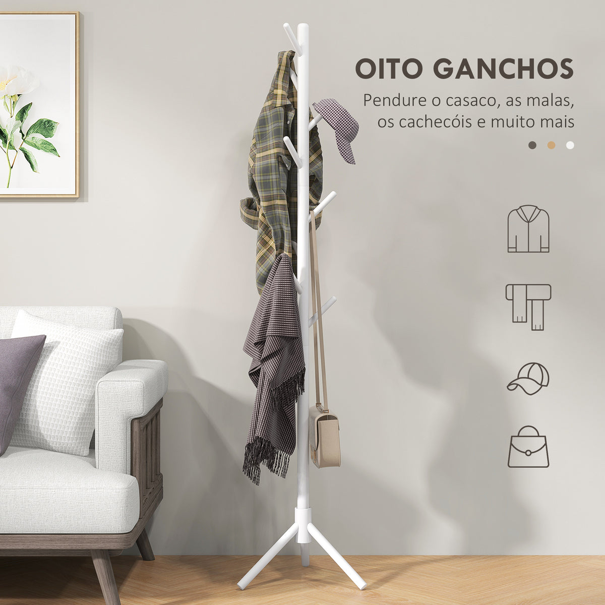 Cabide de Pé de Madeira Cabide de Pé com 8 Ganchos para Pendurar Roupa e Bolsas Cabide em Forma de Árvore para Corredor Entrada Quarto 40x40x165 cm Branco — foto 4