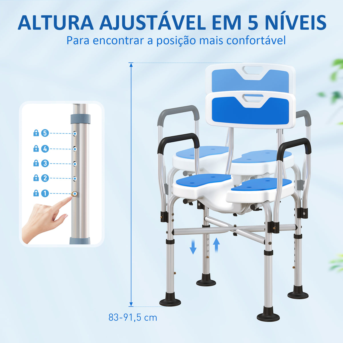 Assento de Duche para Pessoas Idosas Assento de Duche com Assento Ranhurado Altura Ajustável Banco de Duche Antiderrapante com Encosto e Apoio para os Braços Carga 136 kg Azul — foto 5