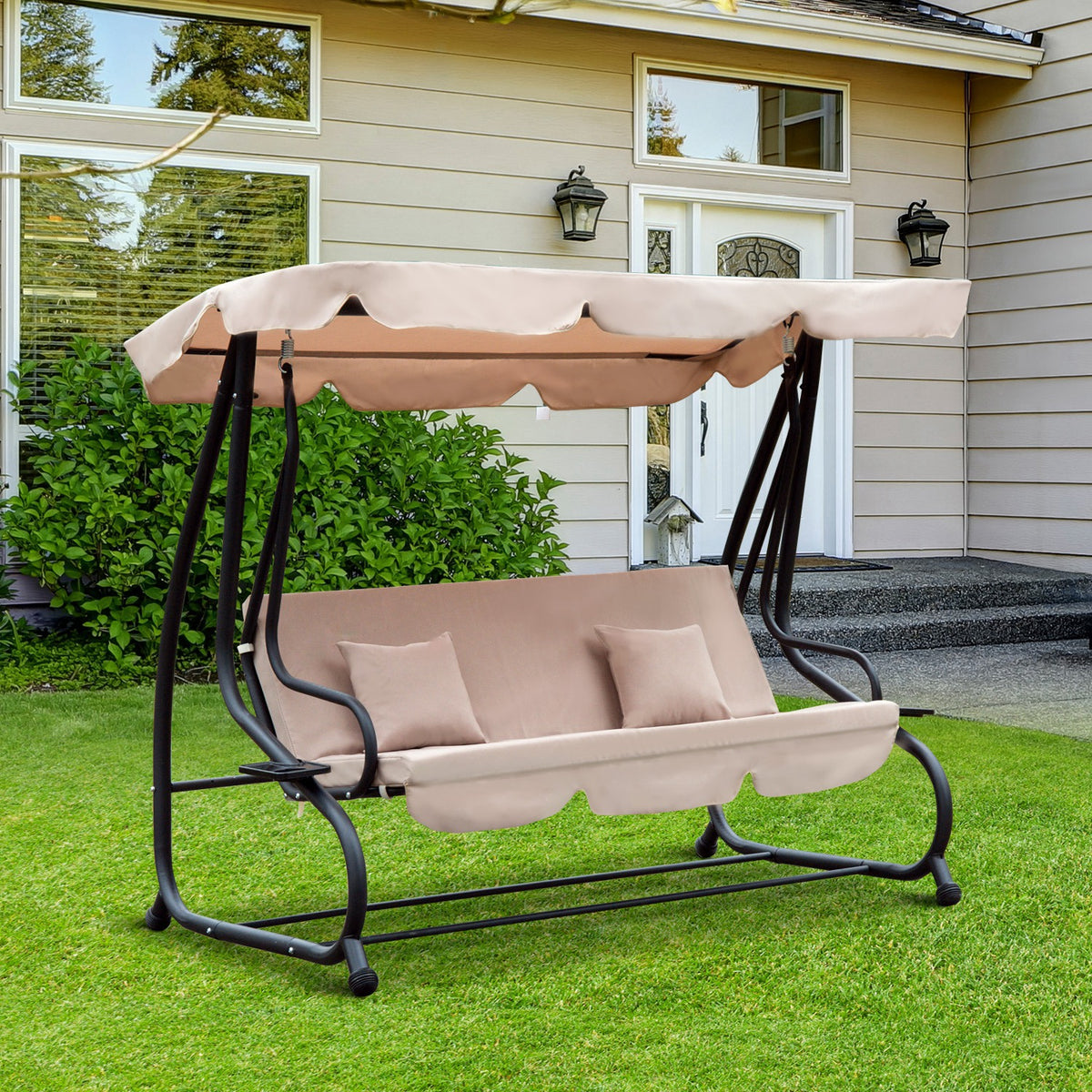 Baloiço de Jardim de 3 Lugares Convertível em Cama com Teto Ajustável Suporte para Bebida para Terraço Balcão Exterior Carga Máxima 340kg 200x120x164cm Bege — foto 2