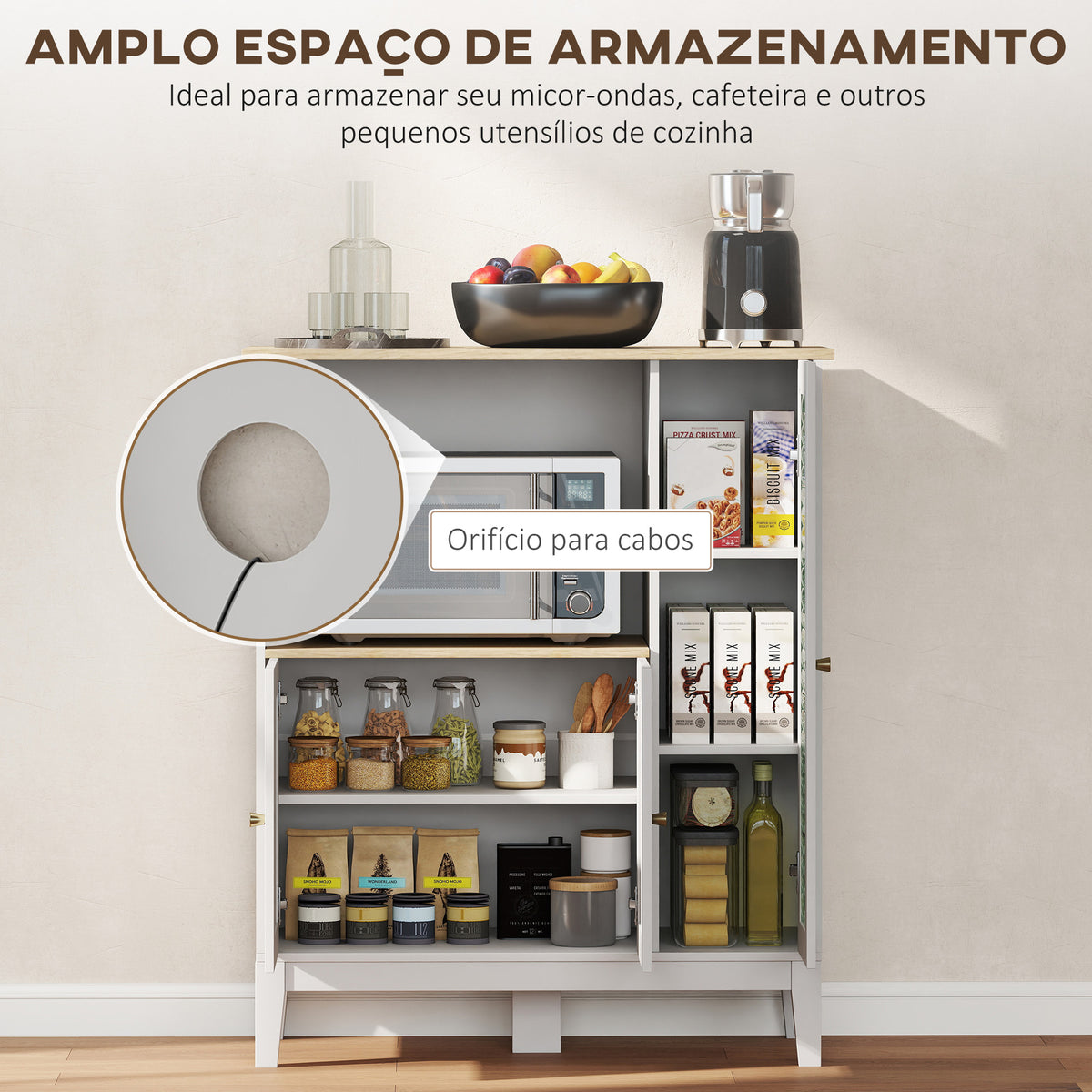 Móvel Auxiliar de Cozinha Moderno Móvel para Micro-Ondas Móvel de Cozinha com Prateleiras 3 Portas Compartimento Aberto Sistema Anti-Tombo para Sala de Jantar 80x35x97 cm Branco — foto 4