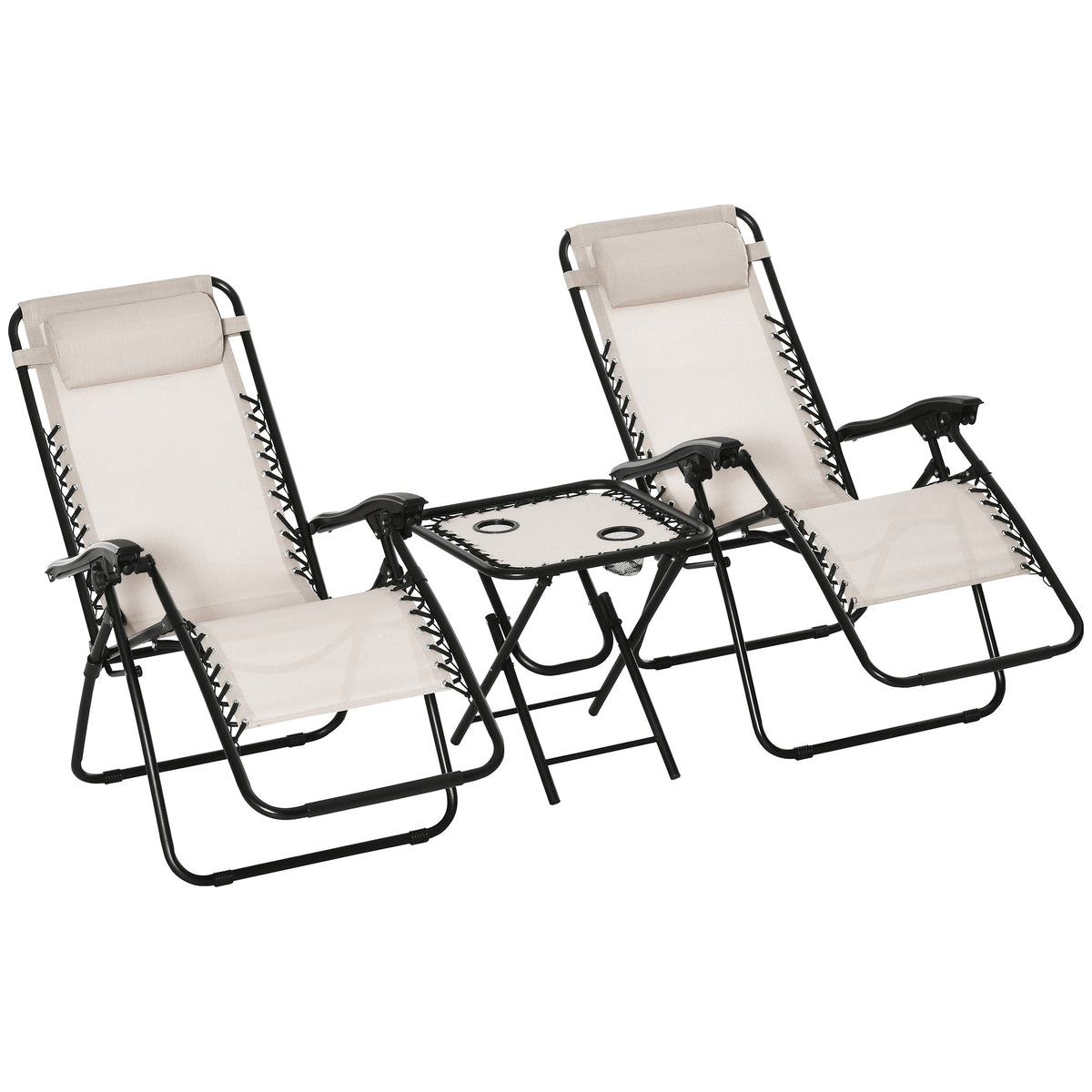 Conjunto de 1 Mesa e 2 Espreguiçadeiras Conjunto de Exterior Dobrável e Portátil para Jardim Praia Relaxante com Encosto Reclinável Textilene Aço Bege — foto 1