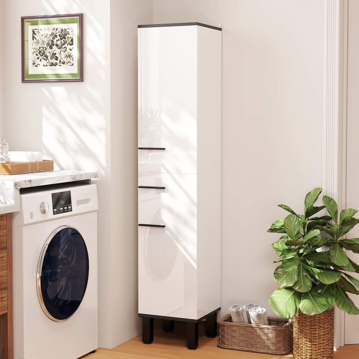 Coluna Casa de Banho Armário Alto Casa de Banho com Gaveta 2 Portas e Prateleiras Ajustáveis Móvel Auxiliar Casa de Banho Moderno Anti-Tombo 34x34x170 cm Branco — foto 2