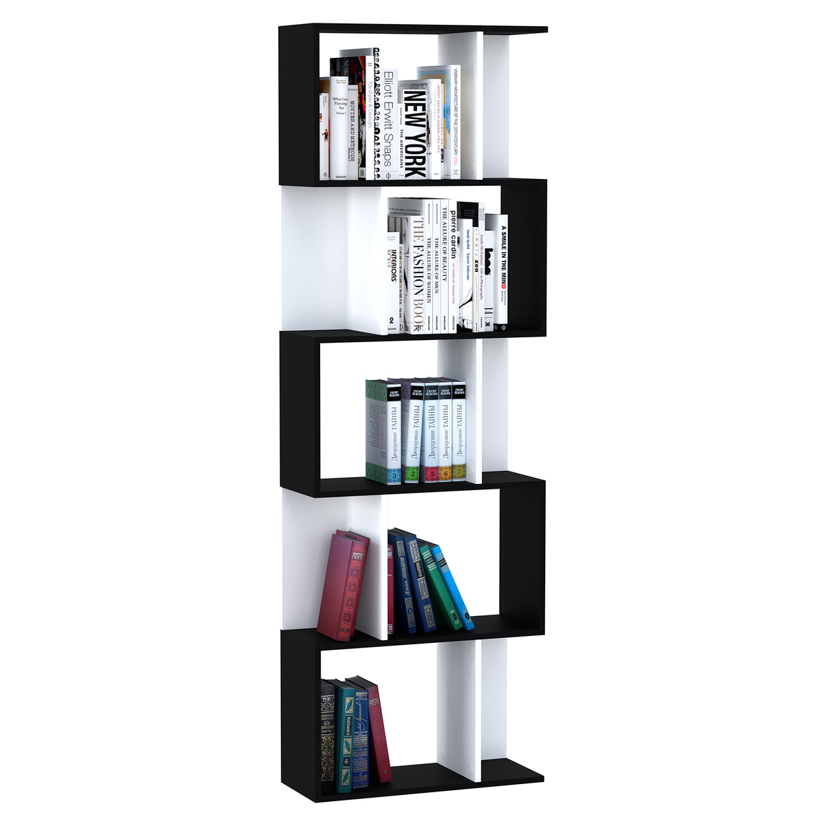 Estante de 5 Níveis, Biblioteca, Estante para Livros em Forma de S, para Sala, Quarto, Escritório, 24x60x184,5 cm, Branco e Preto — foto 1