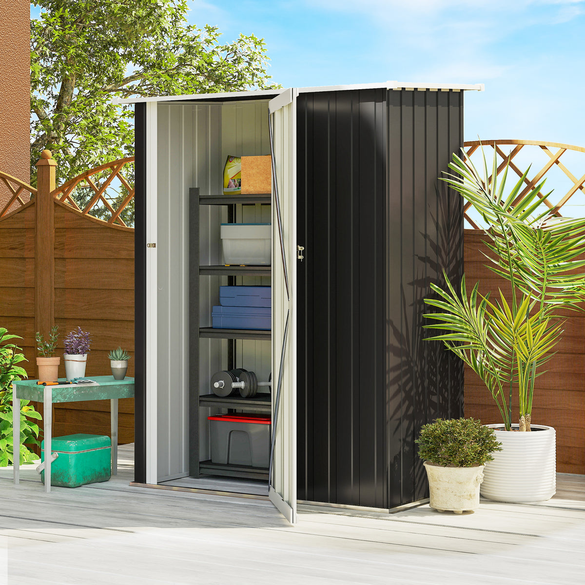 Abrigo de Jardim 1,07m² 142x84x189cm Abrigo de Jardim de Aço Galvanizado com Porta Fechadura e Orifícios de Drenagem para Armazenamento de Ferramentas Cinza — foto 1