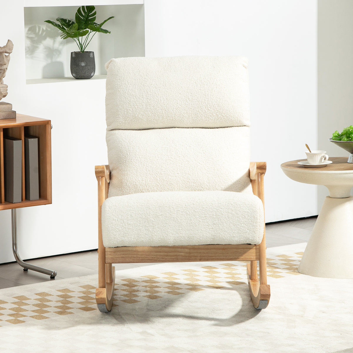 Poltrona Baloiço Moderna Poltrona Baloiço com Pés e Apoio para os Braços de Madeira de Faia Encosto Alto Poltrona de Amamentação Carga 120 kg para Dormitório Sala de Estar 65x90x98 cm Creme — foto 8